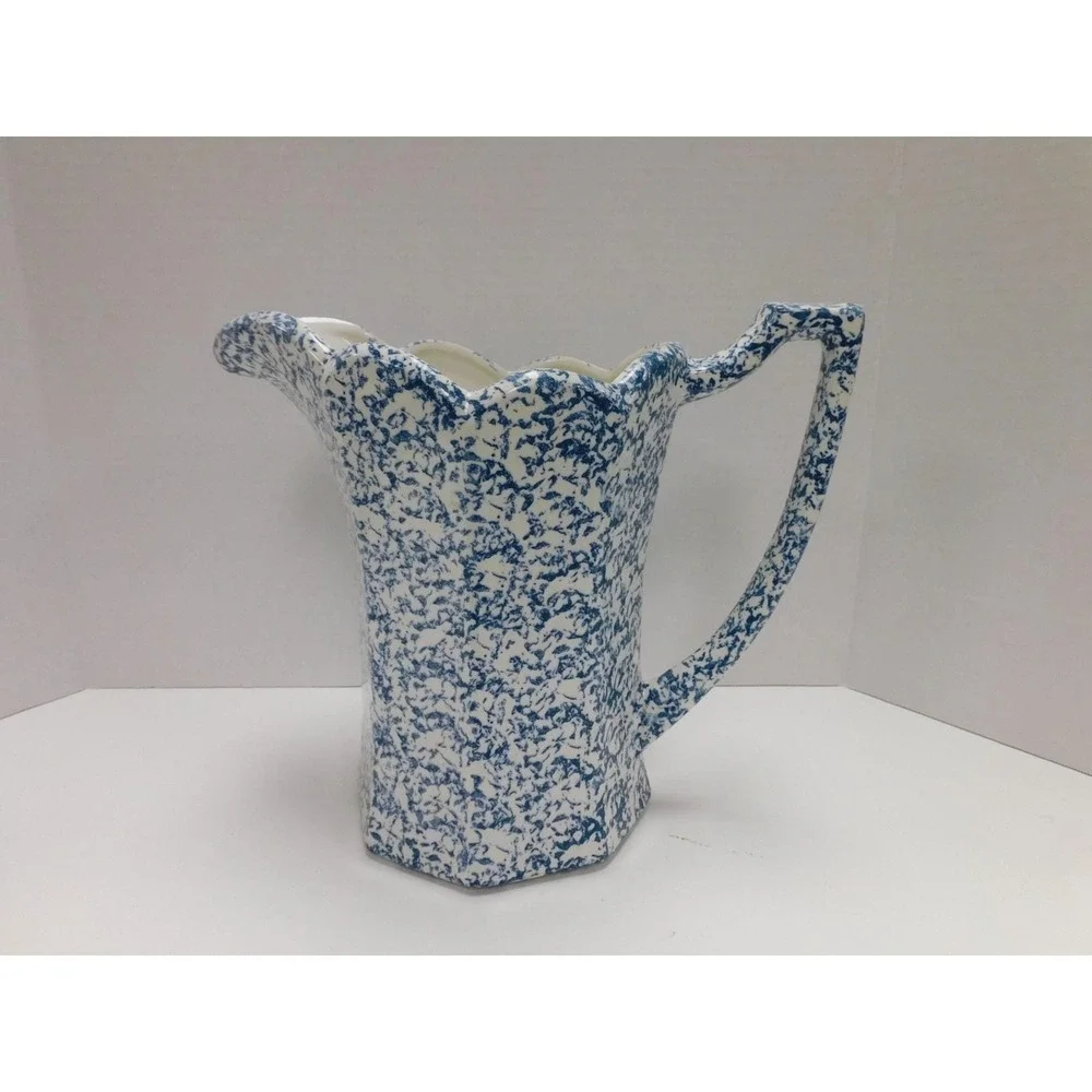 Vtg McCoy Blue and White Sponge Splatter ware Ceramic Pitcher Scalloped Edge DW8